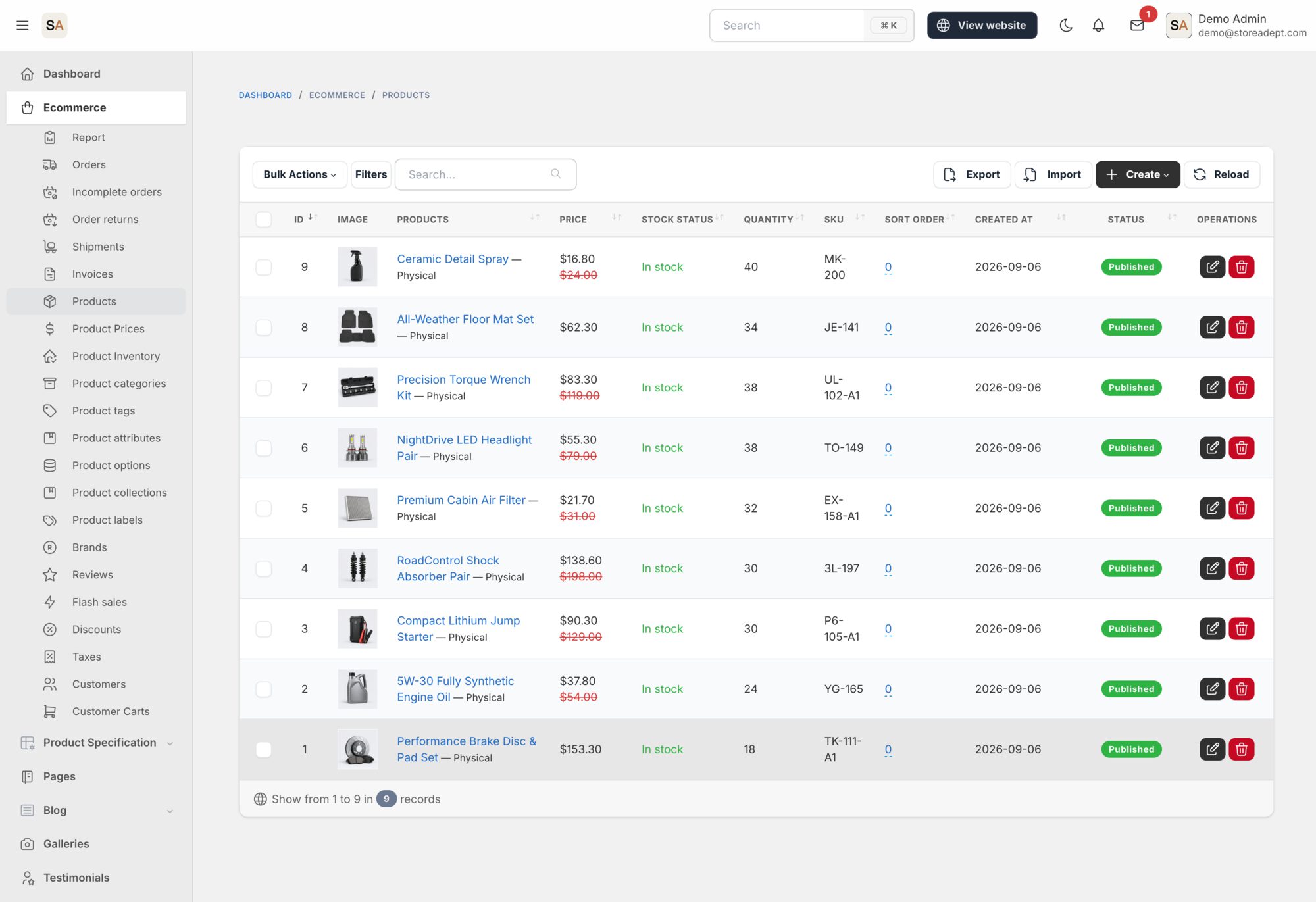 The StoreAdept admin panel — products list