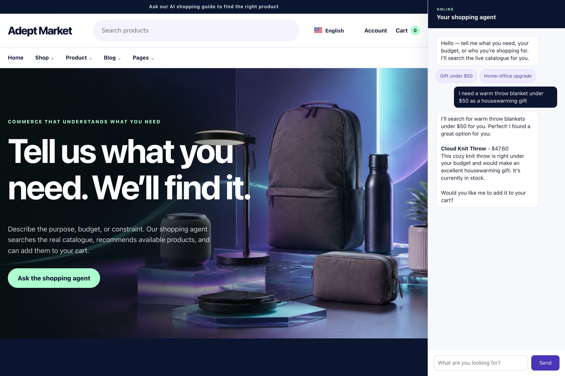 Adept Market — a shopper asks for a gift under $50 and the AI agent recommends a real in-stock product with its price