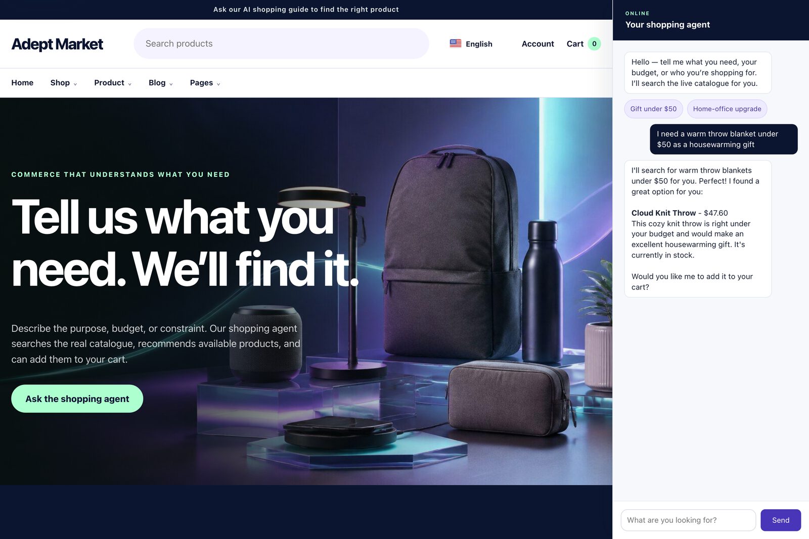 Adept Market — the AI shopping agent in a live storefront